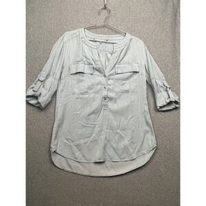 Trina Turk Chambray Denim Top Button Front Roll Tab Long Sleeve Sz S Simple Chic